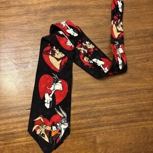 Vintage Looney Tunes Valentines Day Silk Tie Hearts Taz Bugs Bunny Daffy Mania